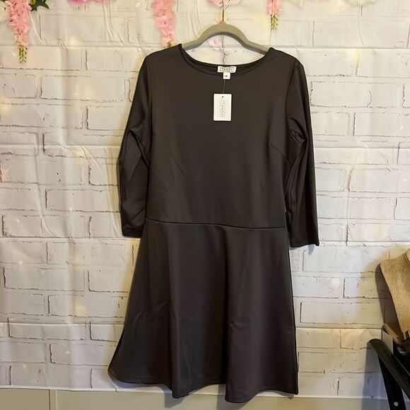 Tamsy Solid Grey Midi Drop Waist Long Sleeve Dress M - Picture 7 of 14
